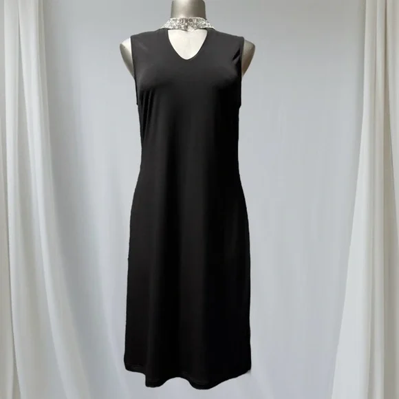 $10 Add-On 💟Black Midi Dress V-Neck with Embellished Collar - Picture 3 of 13